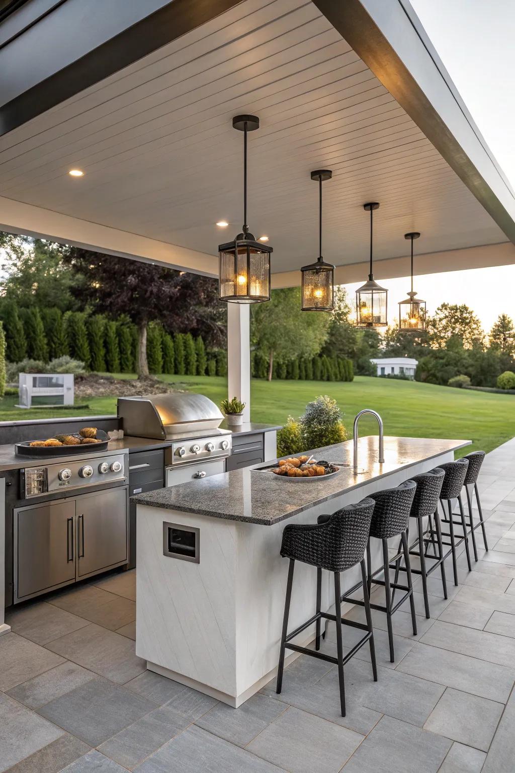 A contemporary bar zone that enhances any outdoor cooking area experience.