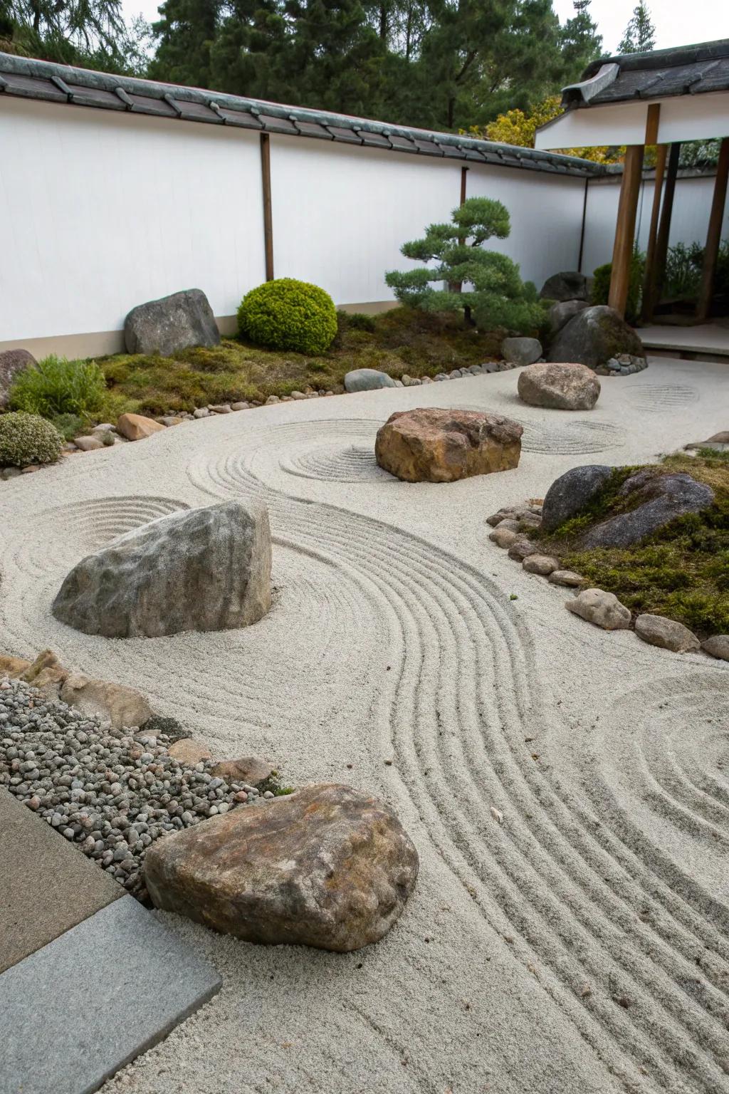 A Zen garden presents a peaceful retreat within your outdoor expanse.