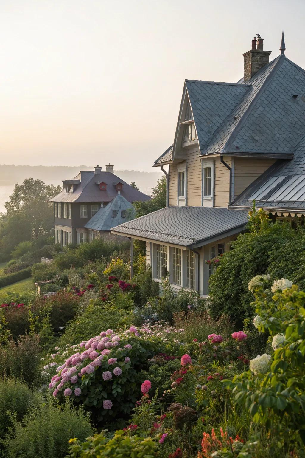 Varied rooflines create a dynamic and captivating exterior.