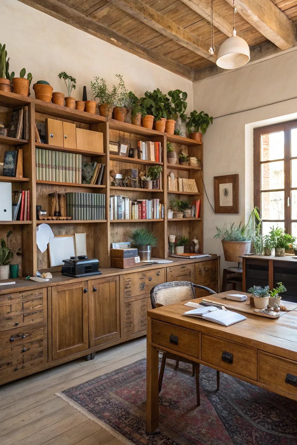 Exposed shelving provides both storage and visual appeal in a rustic office.