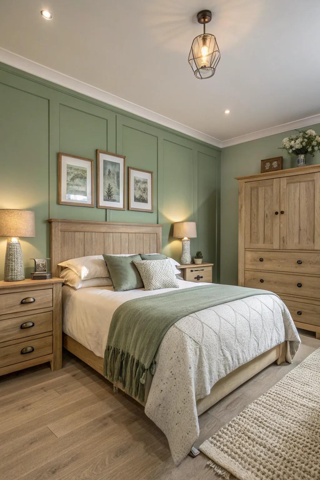 Avocado-toned and neutral tones create a calm and inviting bedroom.