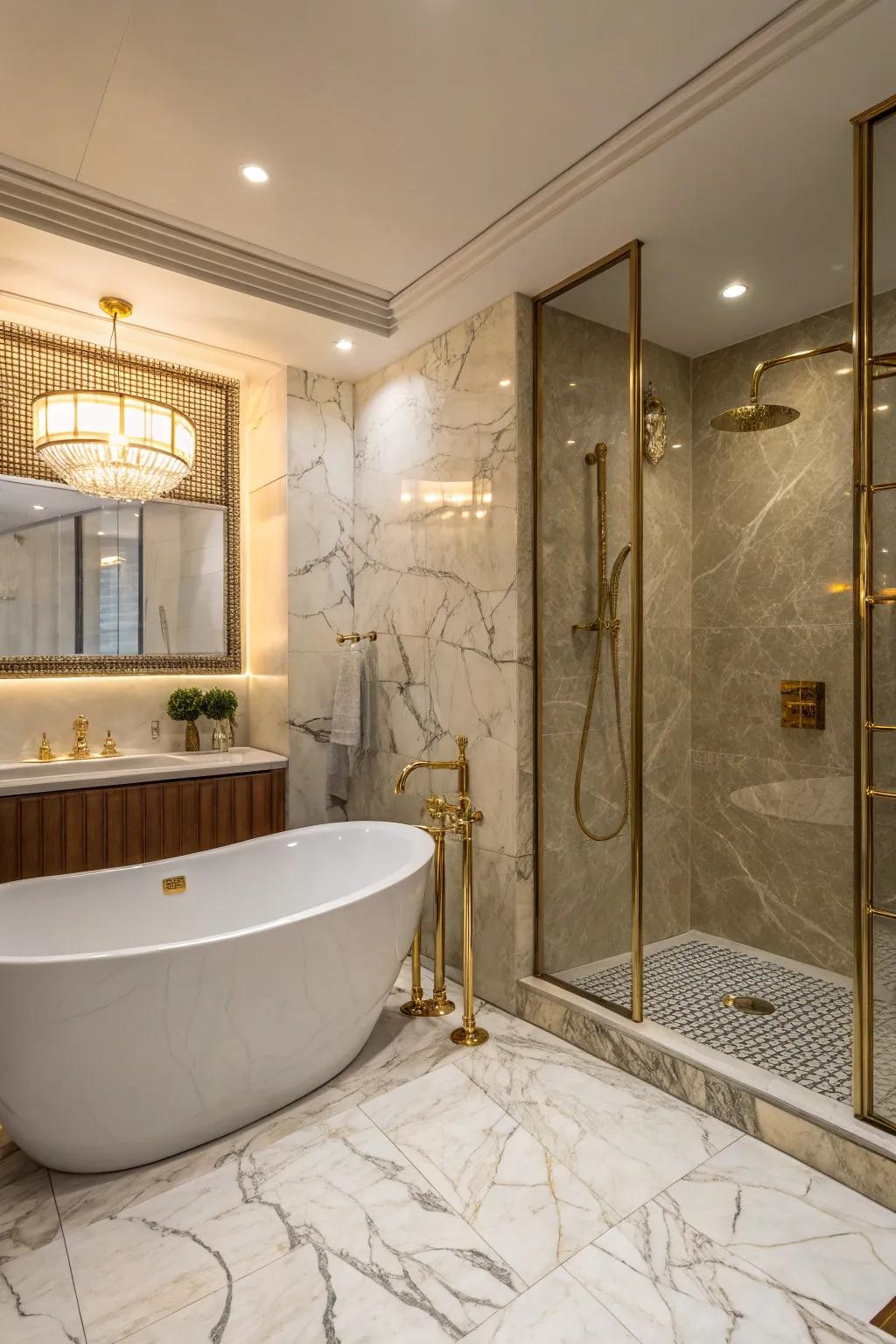 A lavish restroom presenting a combination of a separate tub and a shower.