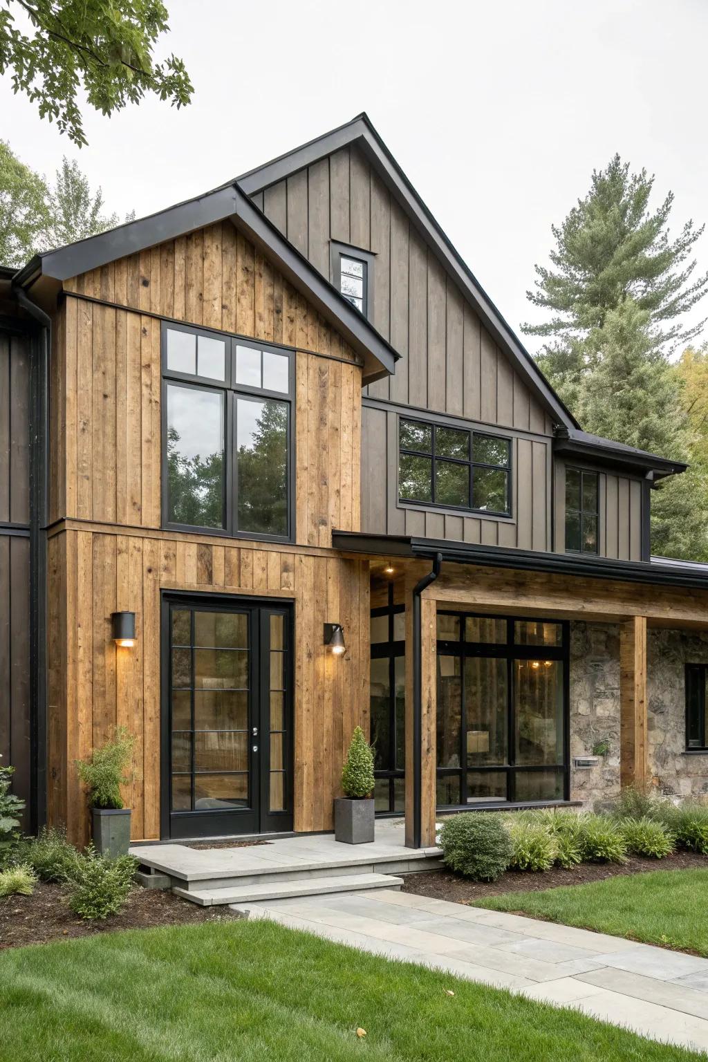 Board and batten siding bridges rustic and modern aesthetics.