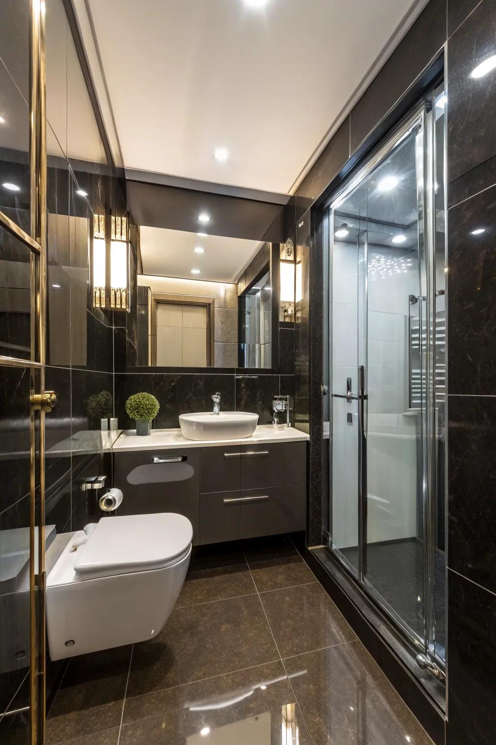 High-gloss finishes infuse a lavish sensation into this compact bathroom.