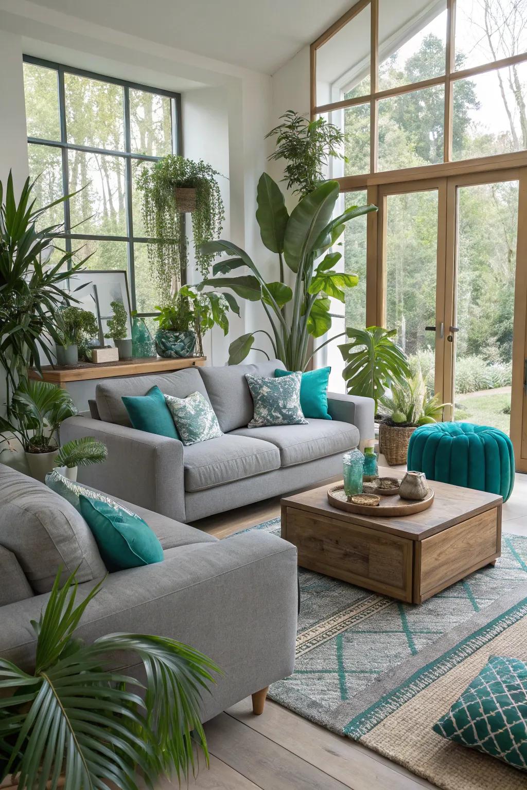 Flora adds freshness to an aquamarine and ash family room.