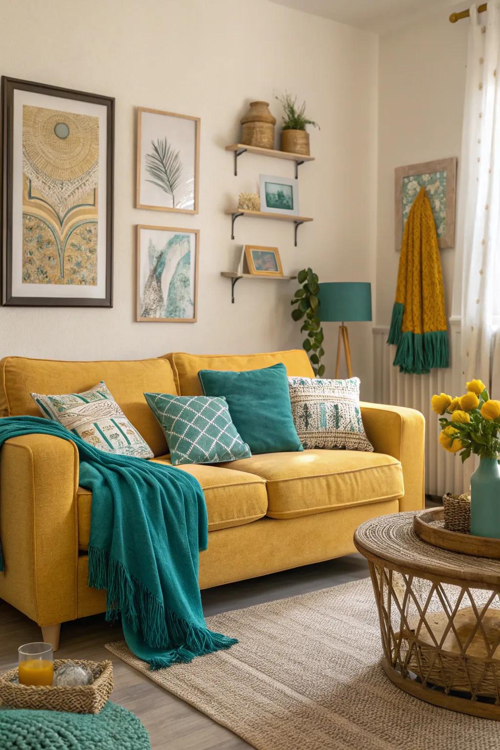 Aquatic Green paired with mustard yellow creates a bold and vibrant personal area.