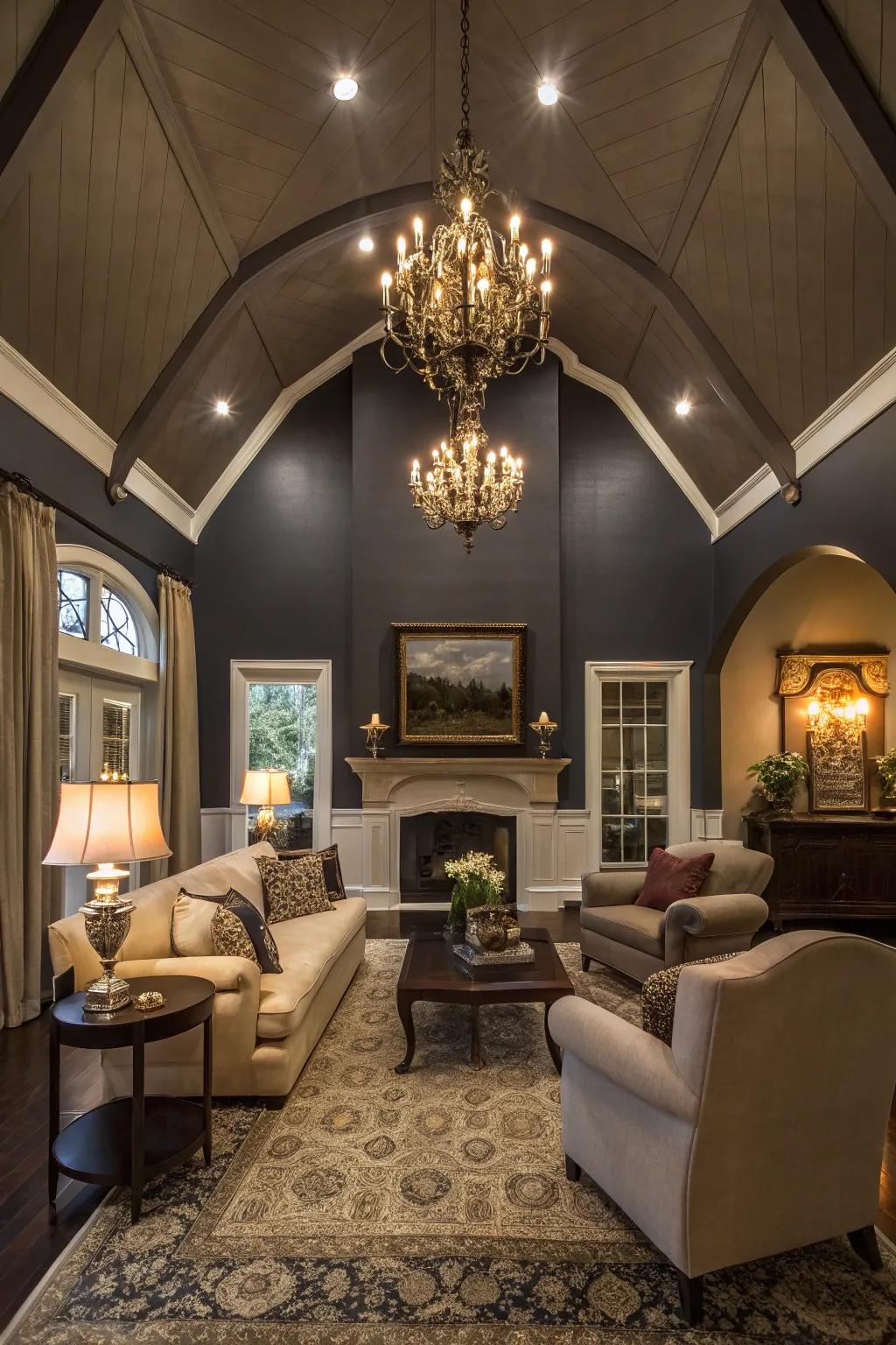 Dark ceilings create a dramatic and intimate vibe in this modern living room.