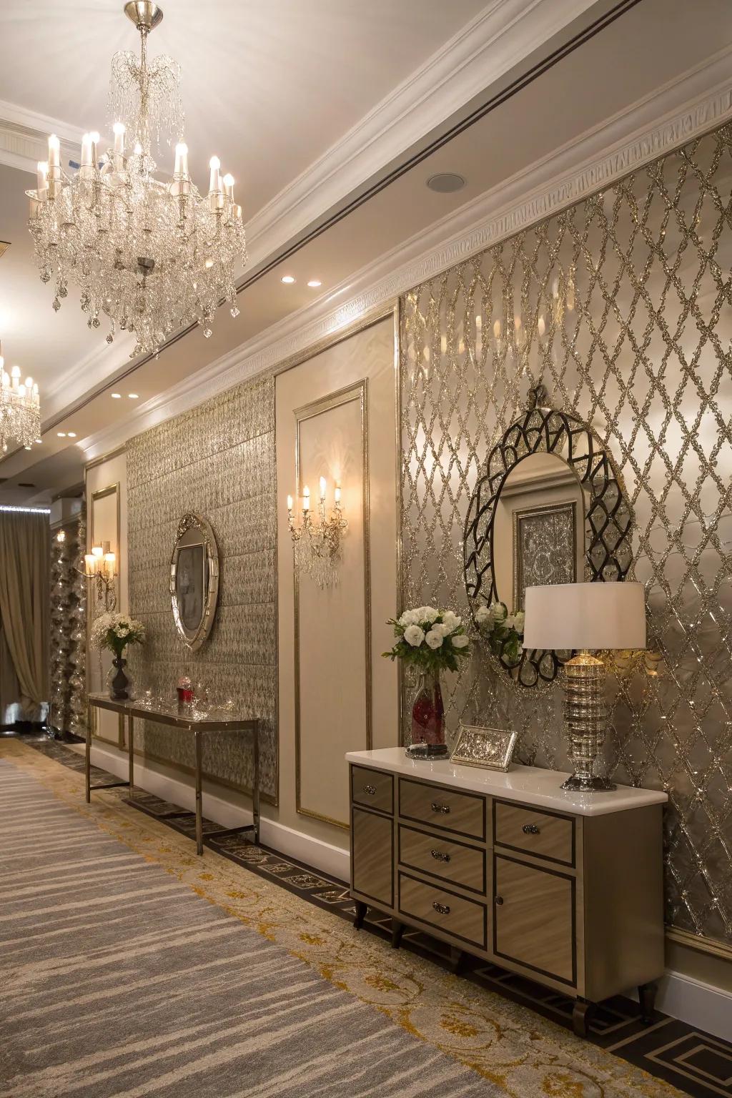 Reflecting highlight wallcovering adds glamour to an elegant room.