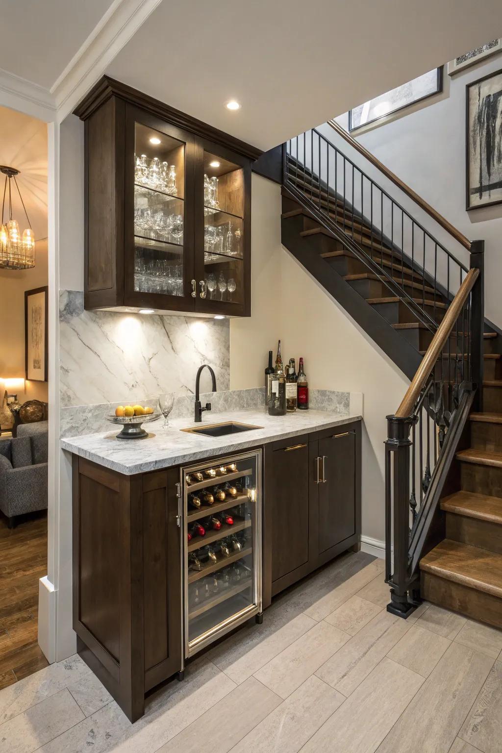 Below-the-staircase home bars creatively optimize space.