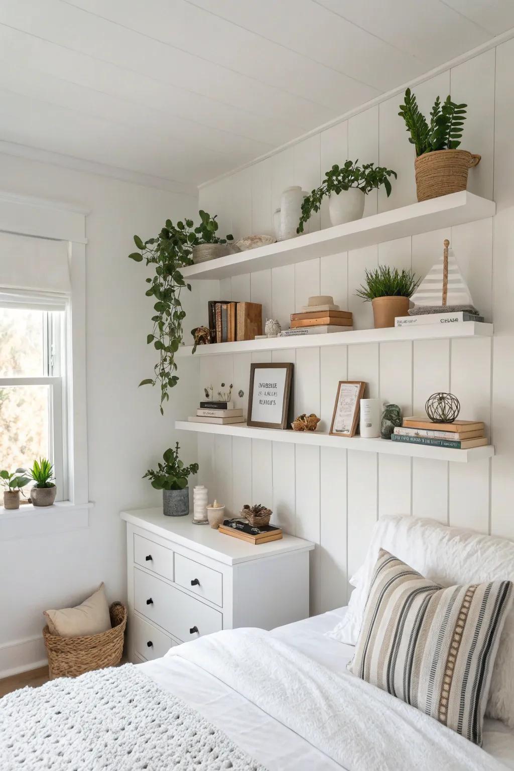 Shelves that float are a stylish way to show things.