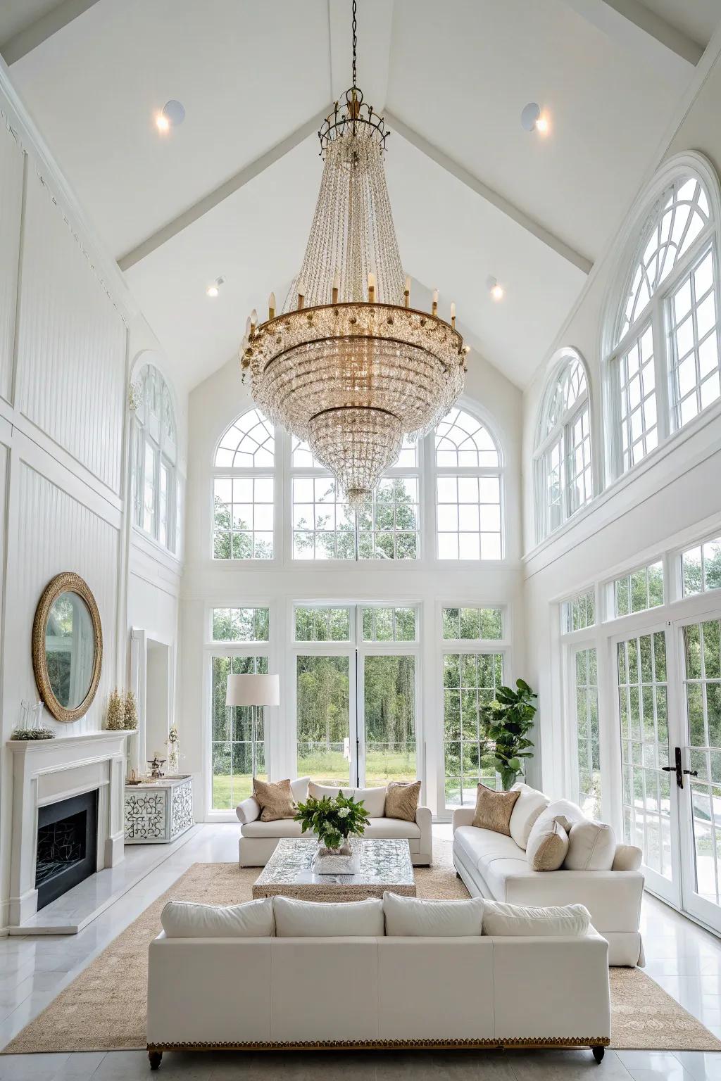 A declaration chandelier contributes elegance to a contemporary white lounge.