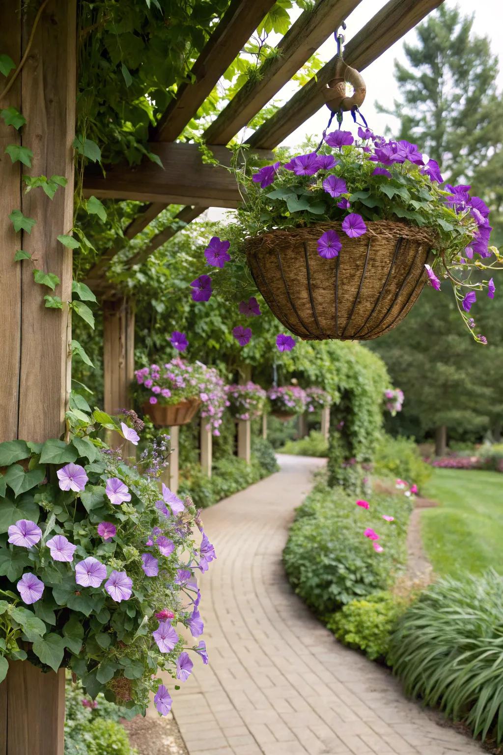 Suspended baskets featuring cascading Heavenly trumpets enhancing garden corners.