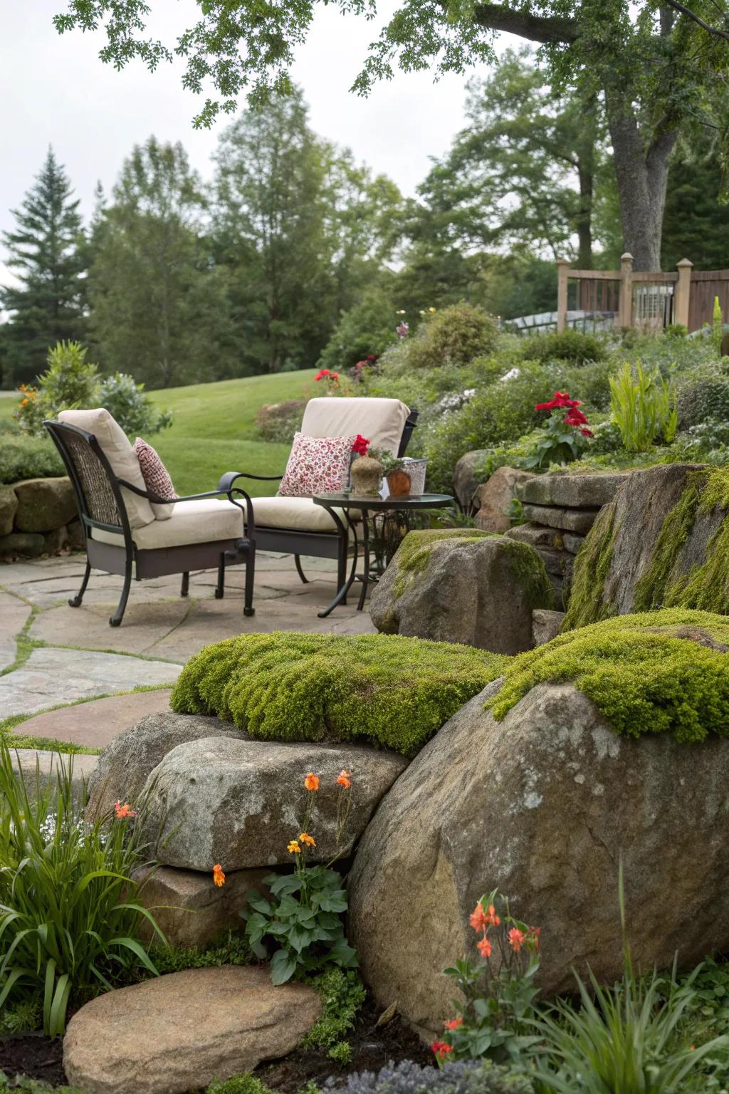 A comfortable garden gathering spot using algae rocks as natural seating.