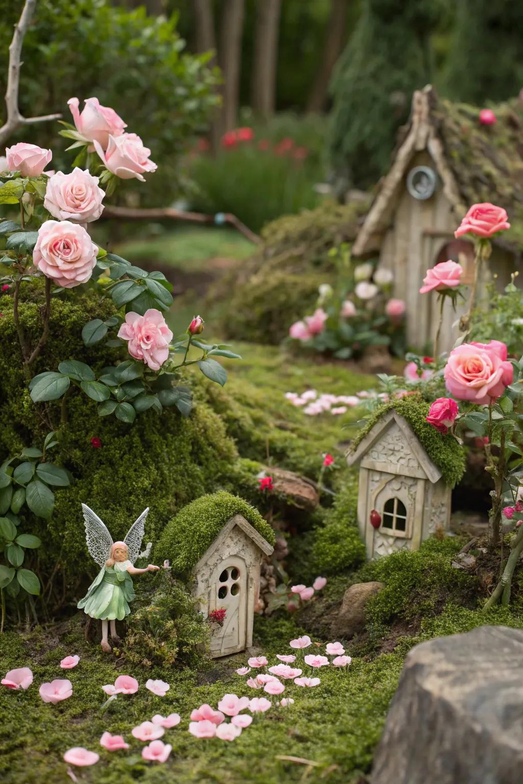Sun roses infuse charm into a whimsical fairy garden.