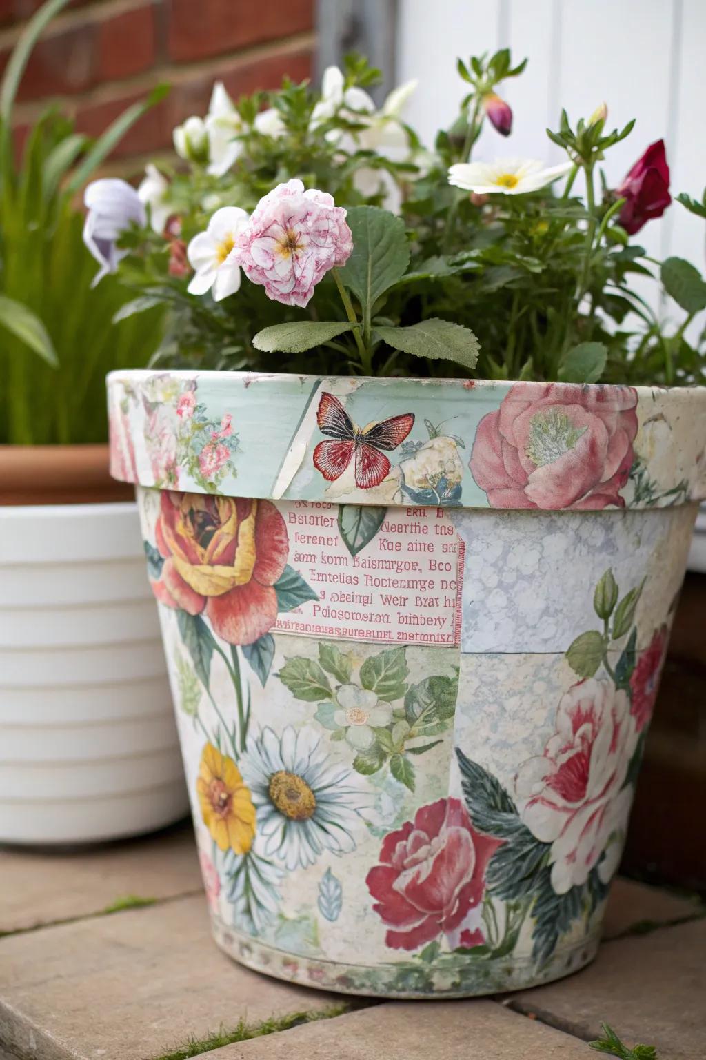 A flower pot revolutionized through image transfer artistry.