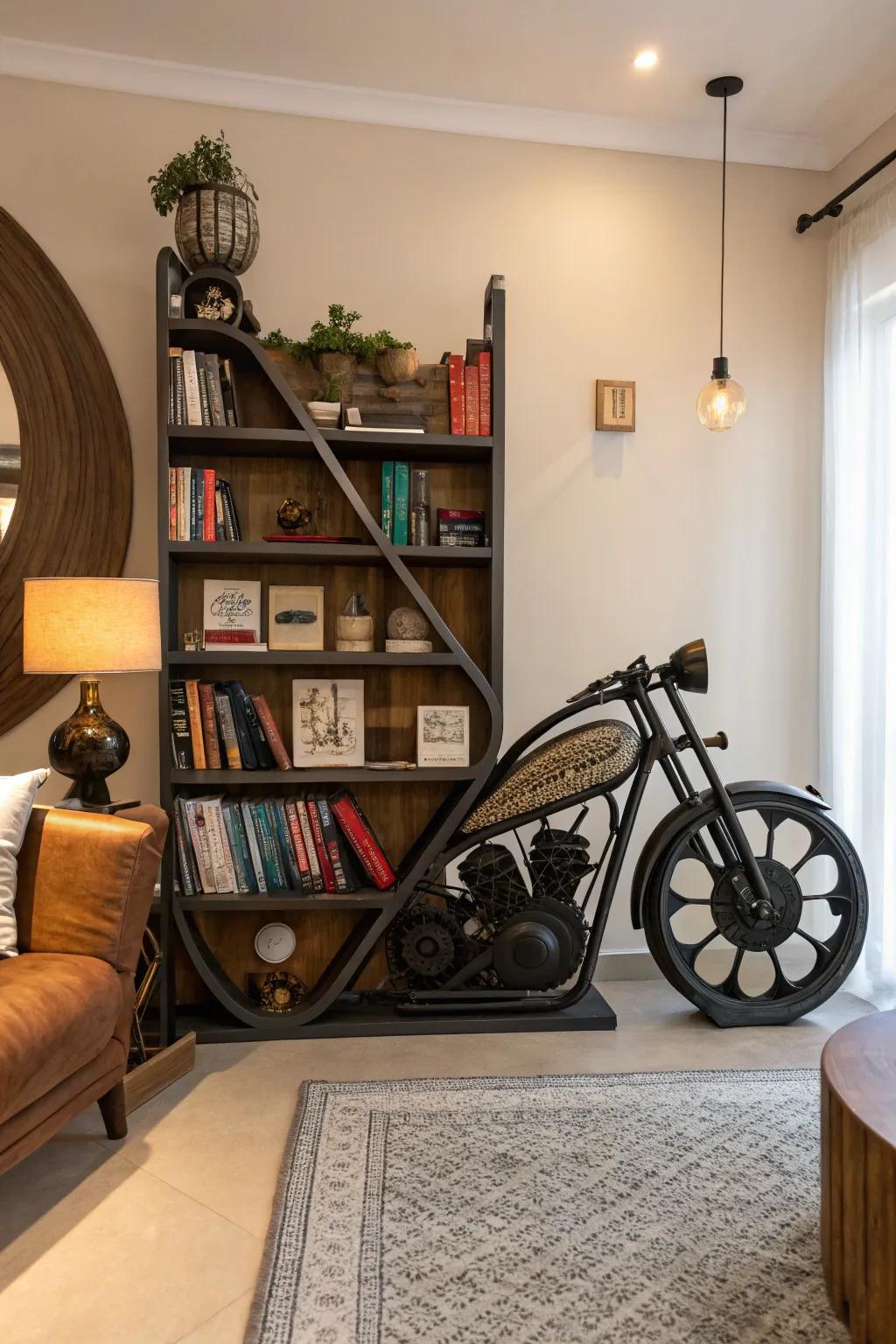 An individual bookshelf modeled after a bike design.
