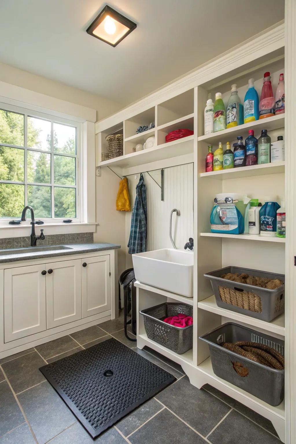 An entryway showcasing a dedicated pet zone featuring washing and storage areas.