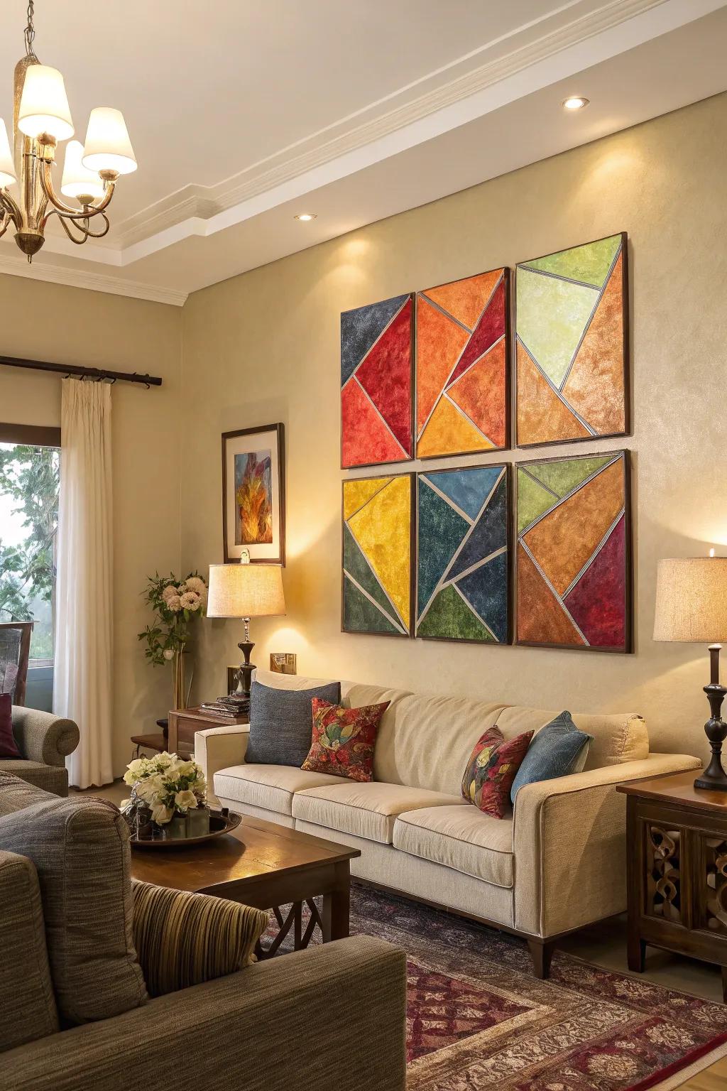 Interlocking abstract designs on multiple canvases, delivering a striking statement in the living space.