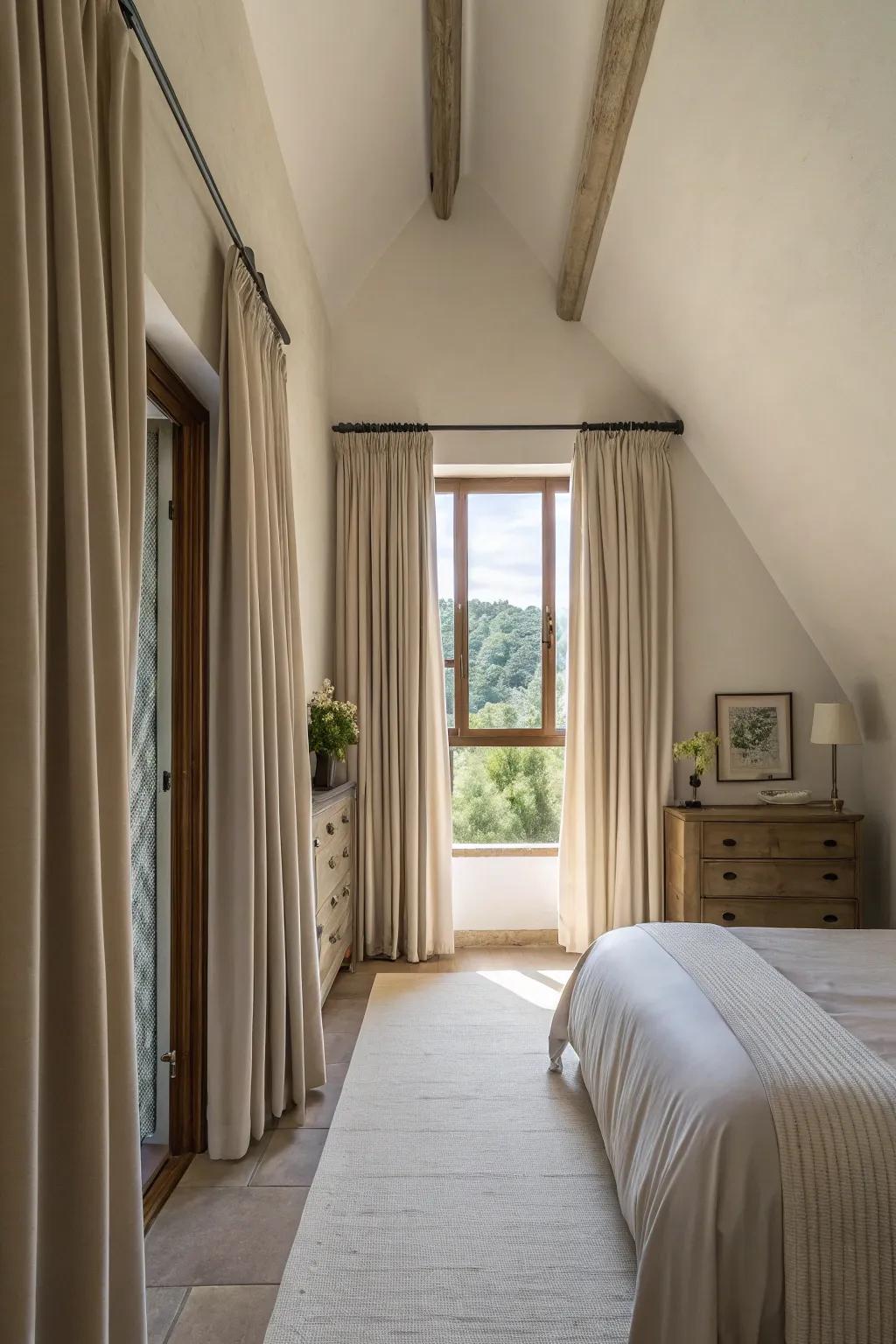 High-hung curtains enhance the sensation of height in a slender bedroom.