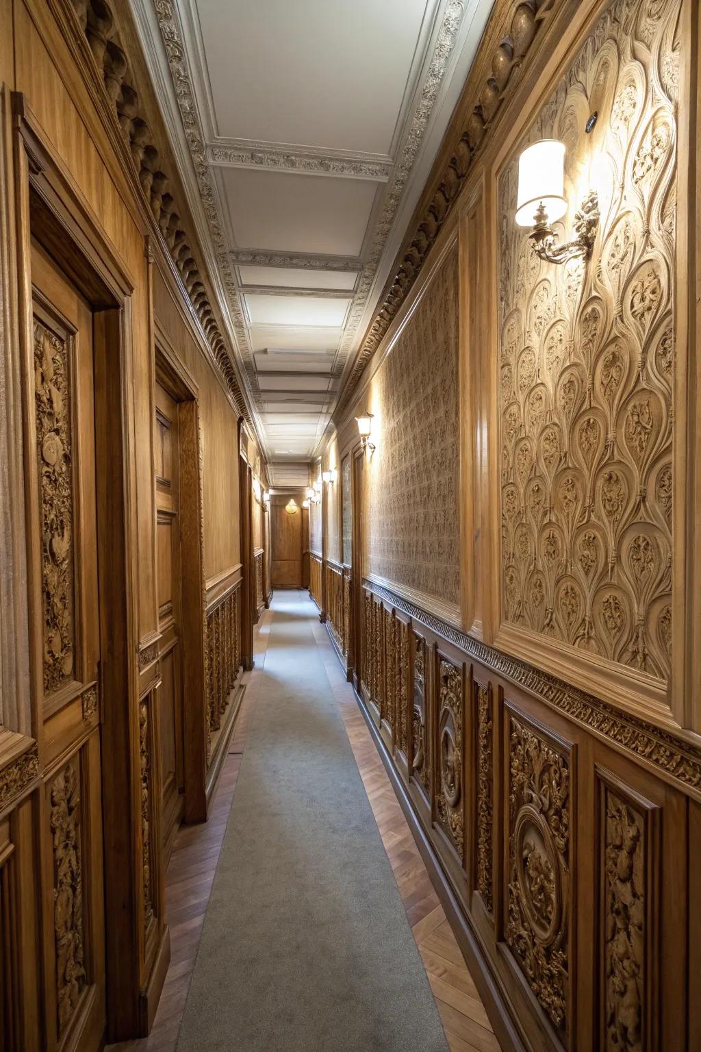 Molding enriches hallway walls with dimension and sophistication.