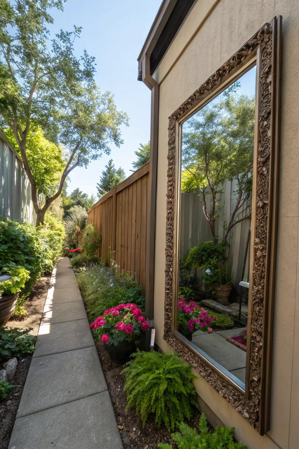 Mirrors can simulate increased space and light in narrow yards.