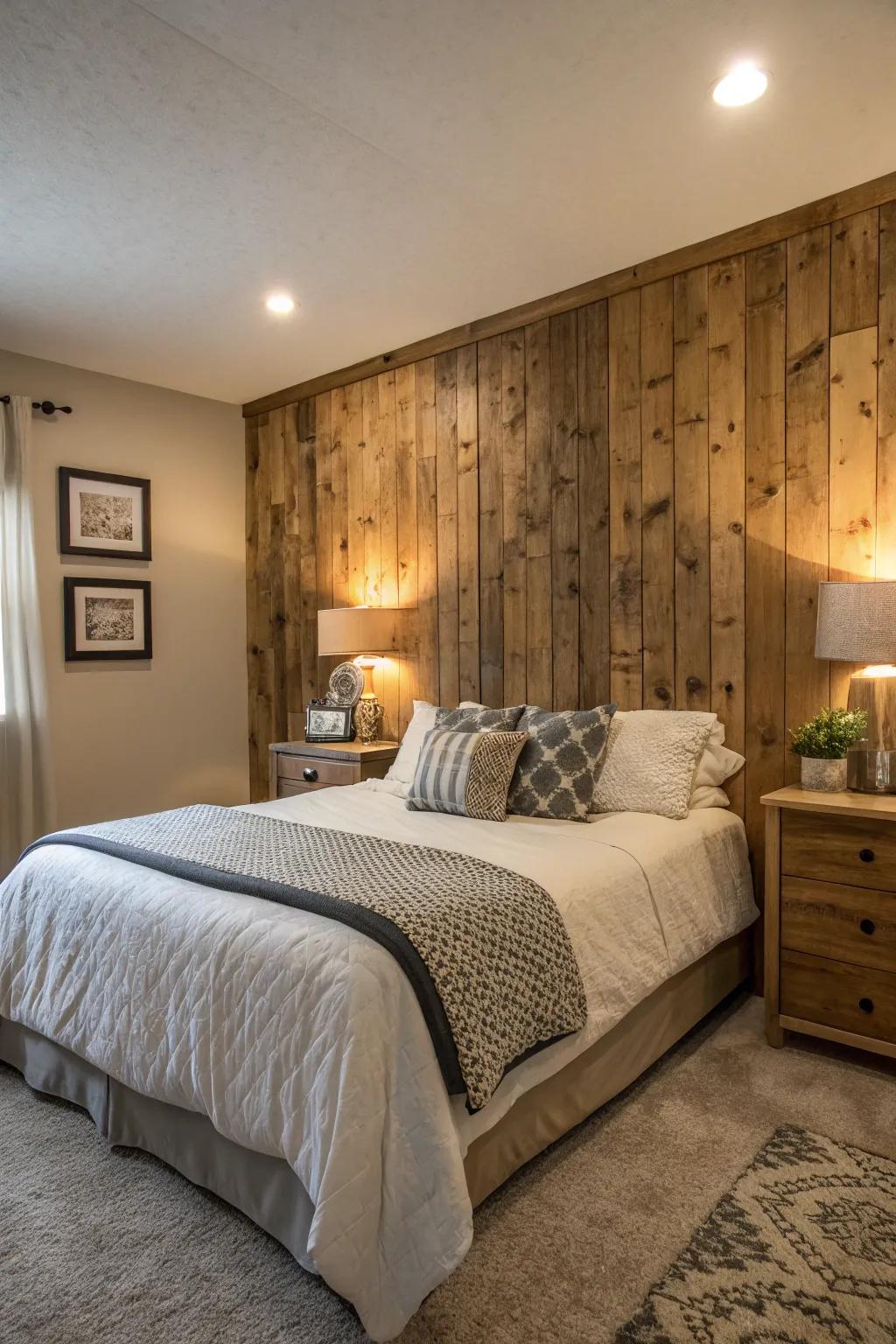 A wood accent wall adds texture and focus to the bedroom.