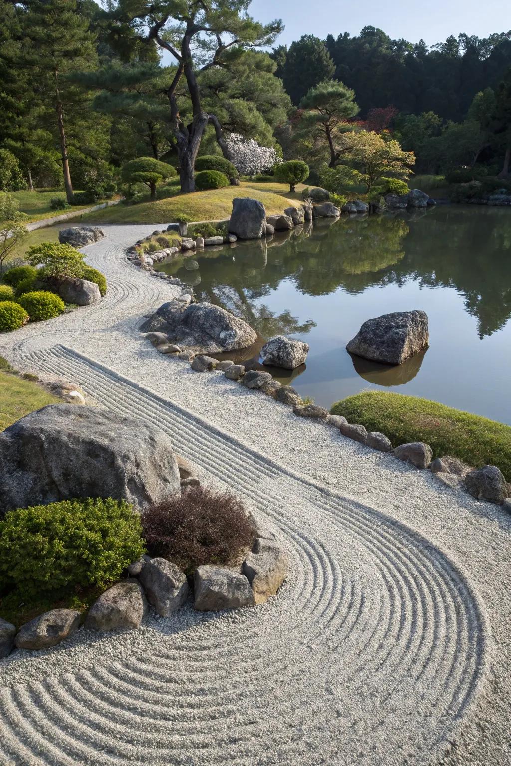 A Zen garden aspect lending tranquility to a water garden setting.