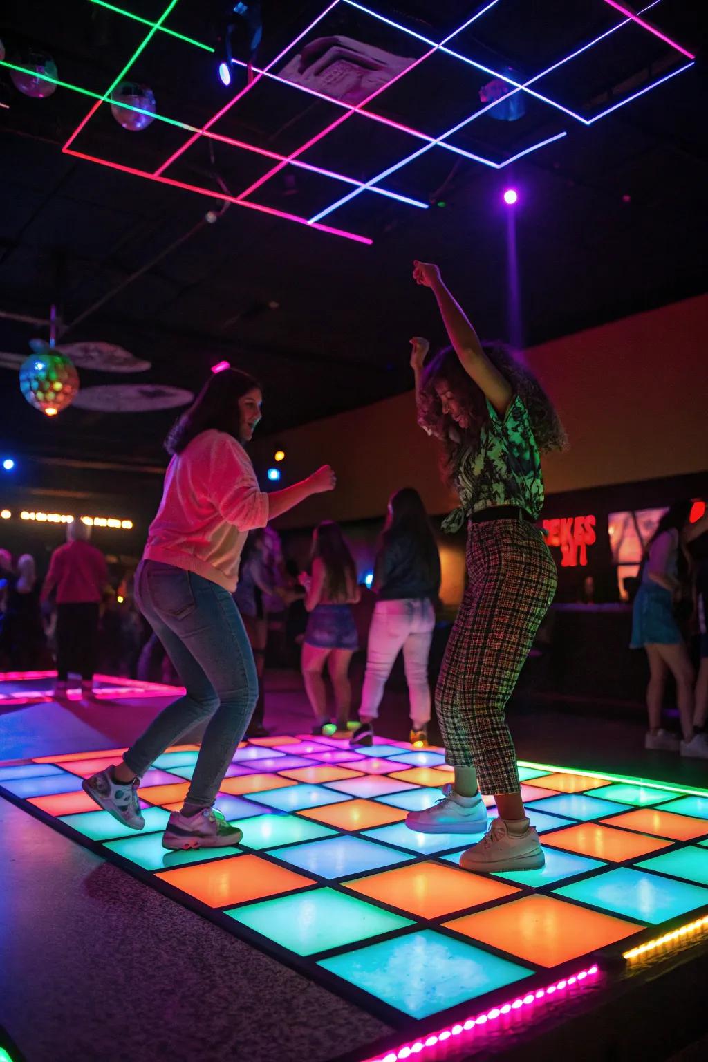 A radiant dance floor with glowing colors, bringing the party to life with energetic dancing.