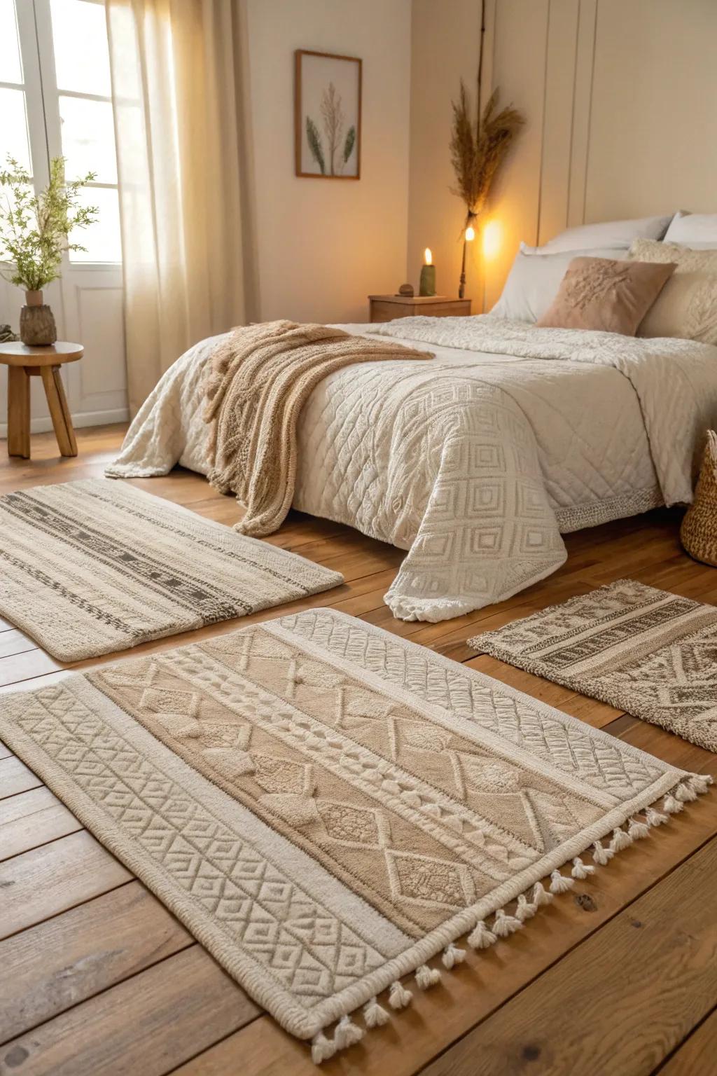 Layered floor coverings enhance warmth in a neutral bedroom.