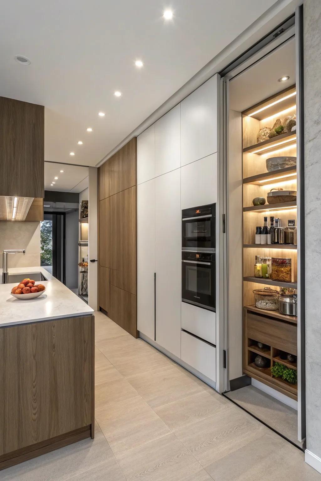 A kitchen with a cleverly concealed storage.