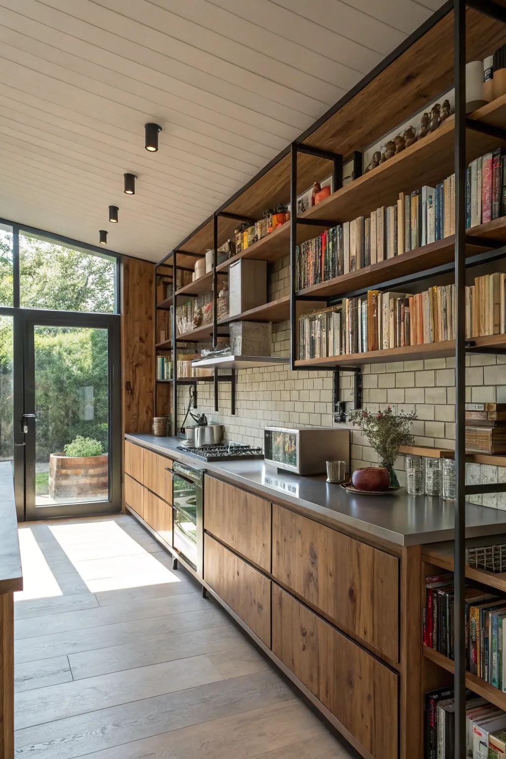 A kitchen featuring imaginative shelving, effortlessly uniting storage and elegance.