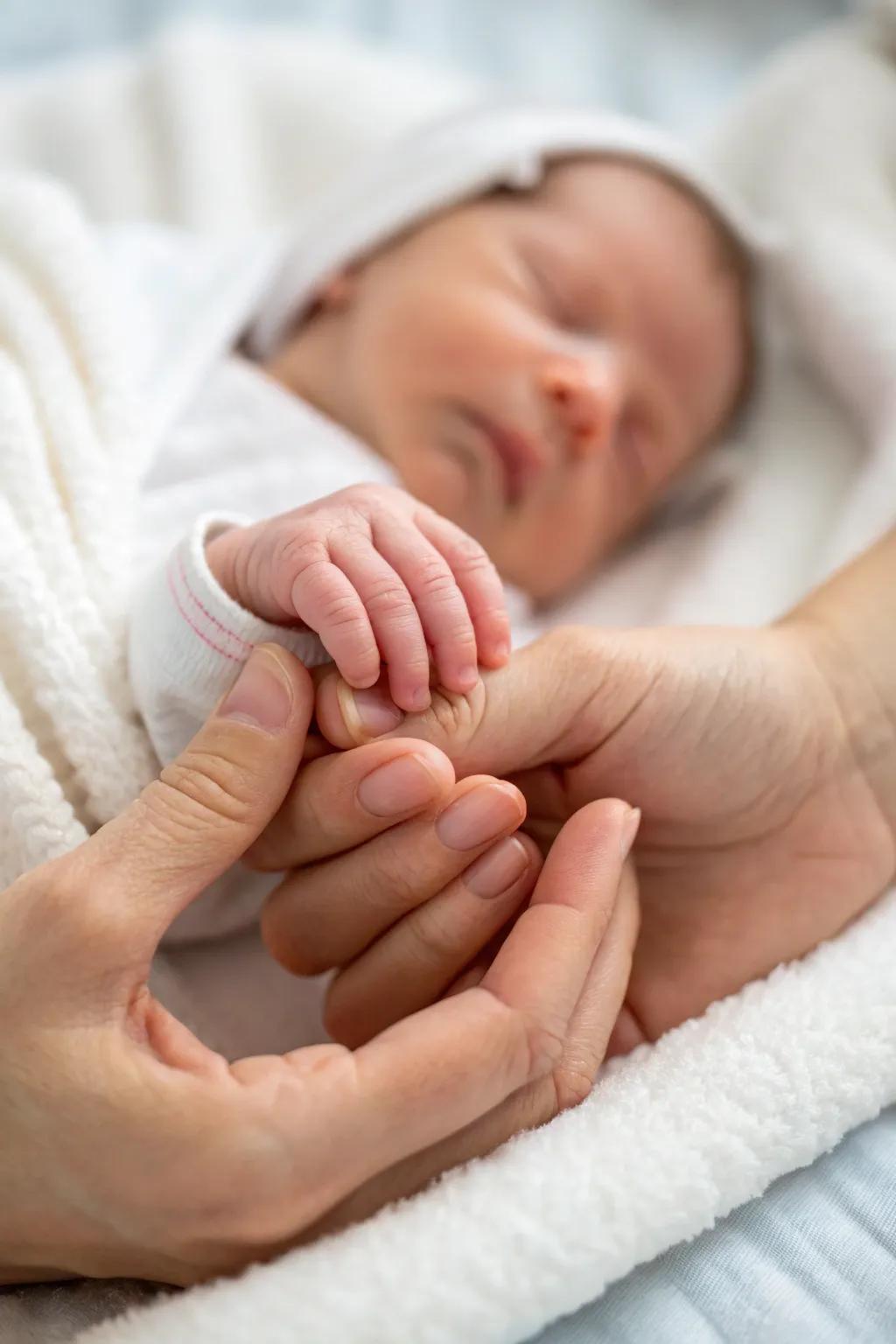 A touching instance captured with parent's hands embracing the newborn.