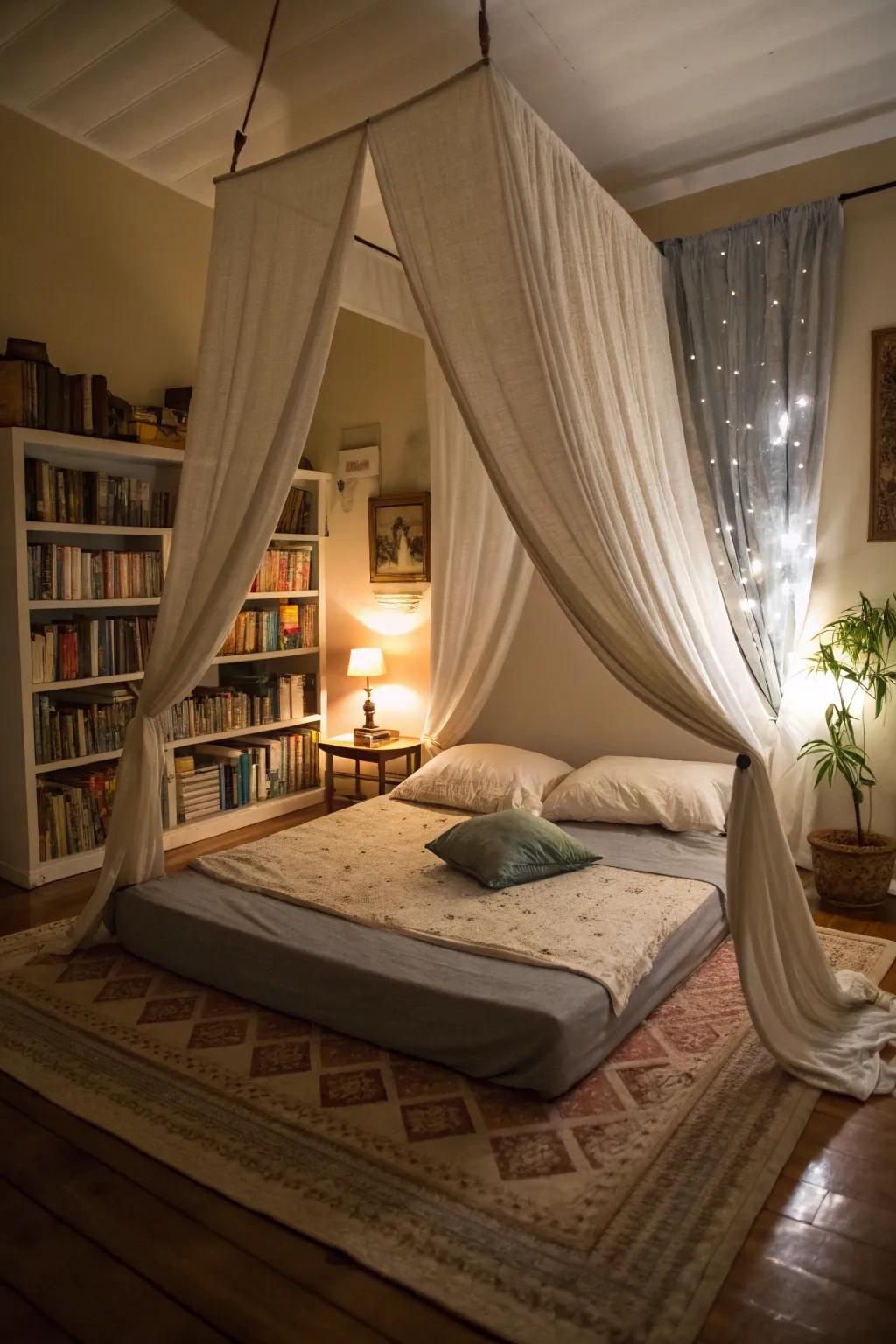 A canopy introduces an elegant and cozy vibe to your bedroom.