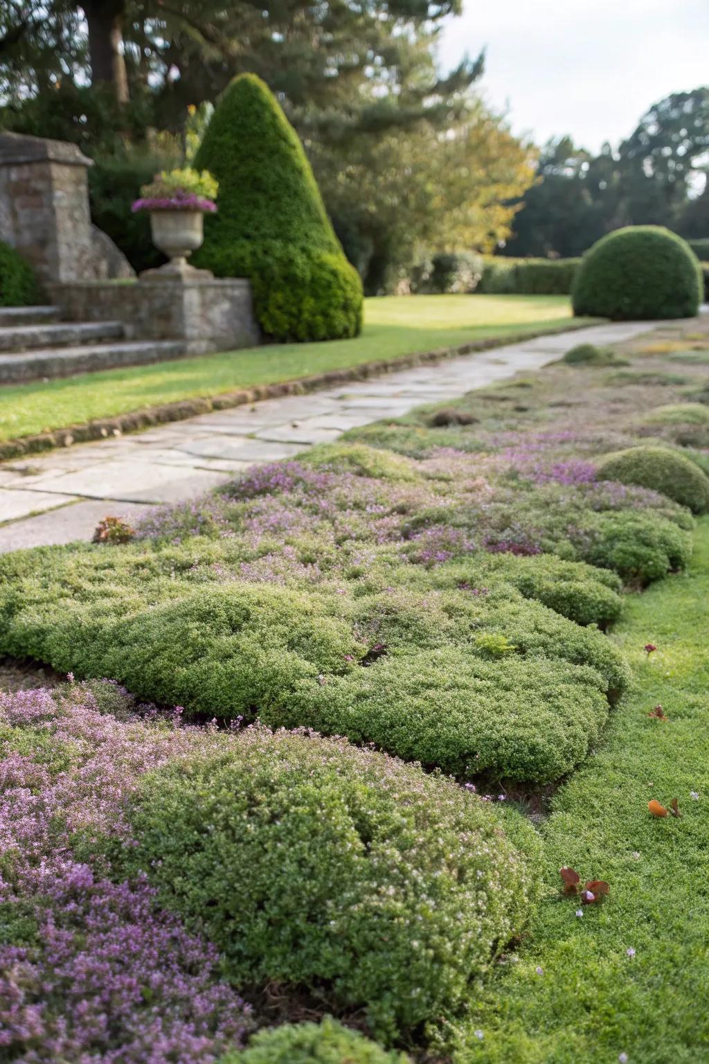 A stunning ground cover of crawling herbs requires little work.