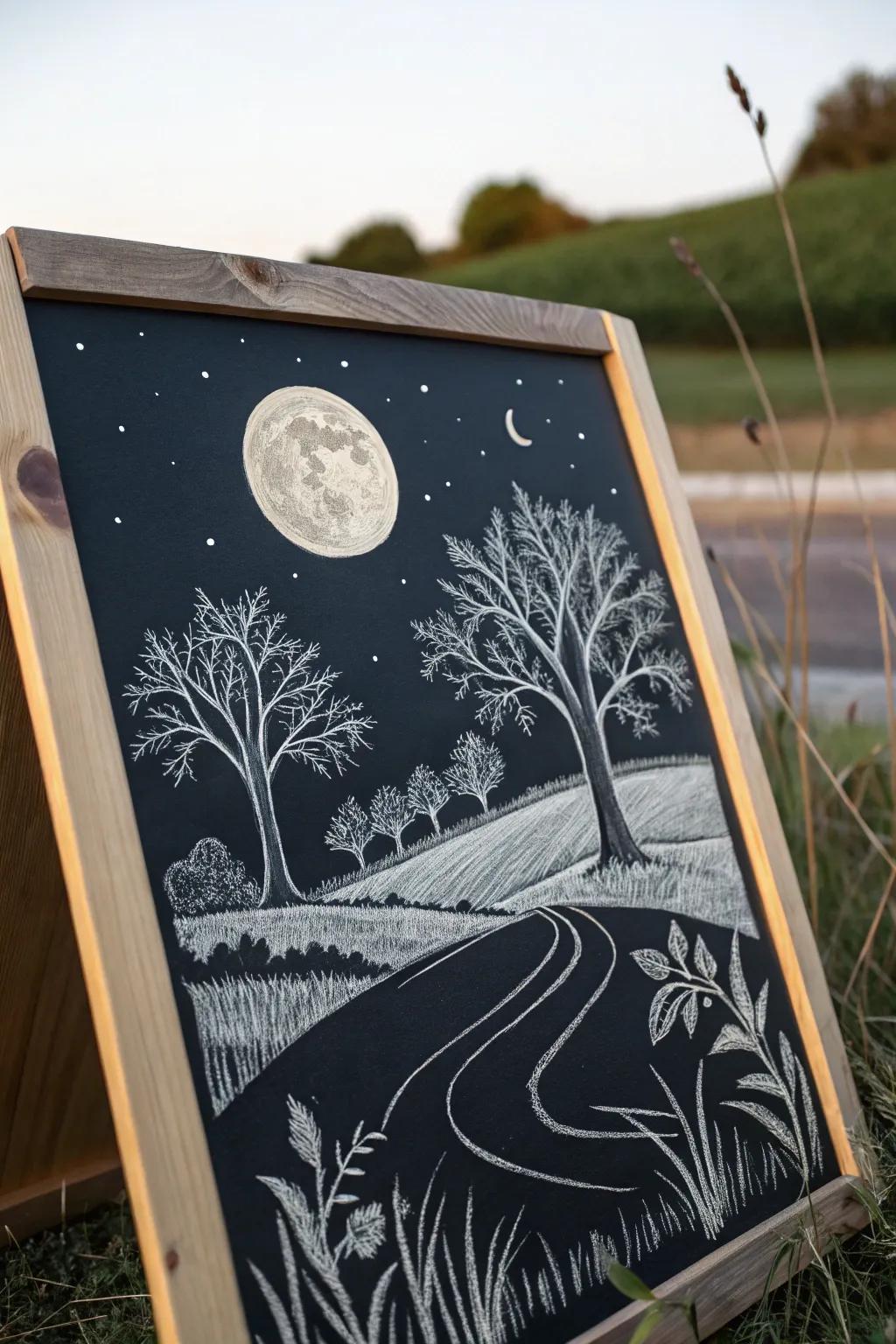 A gathering lunar chalkboard view capturing the calmness of fall evenings.