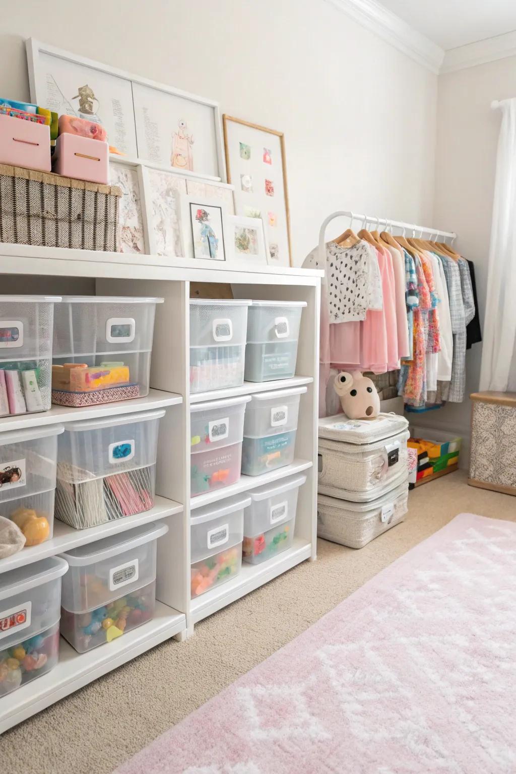 Clear bins for quick access and tidy storage in the nursery.