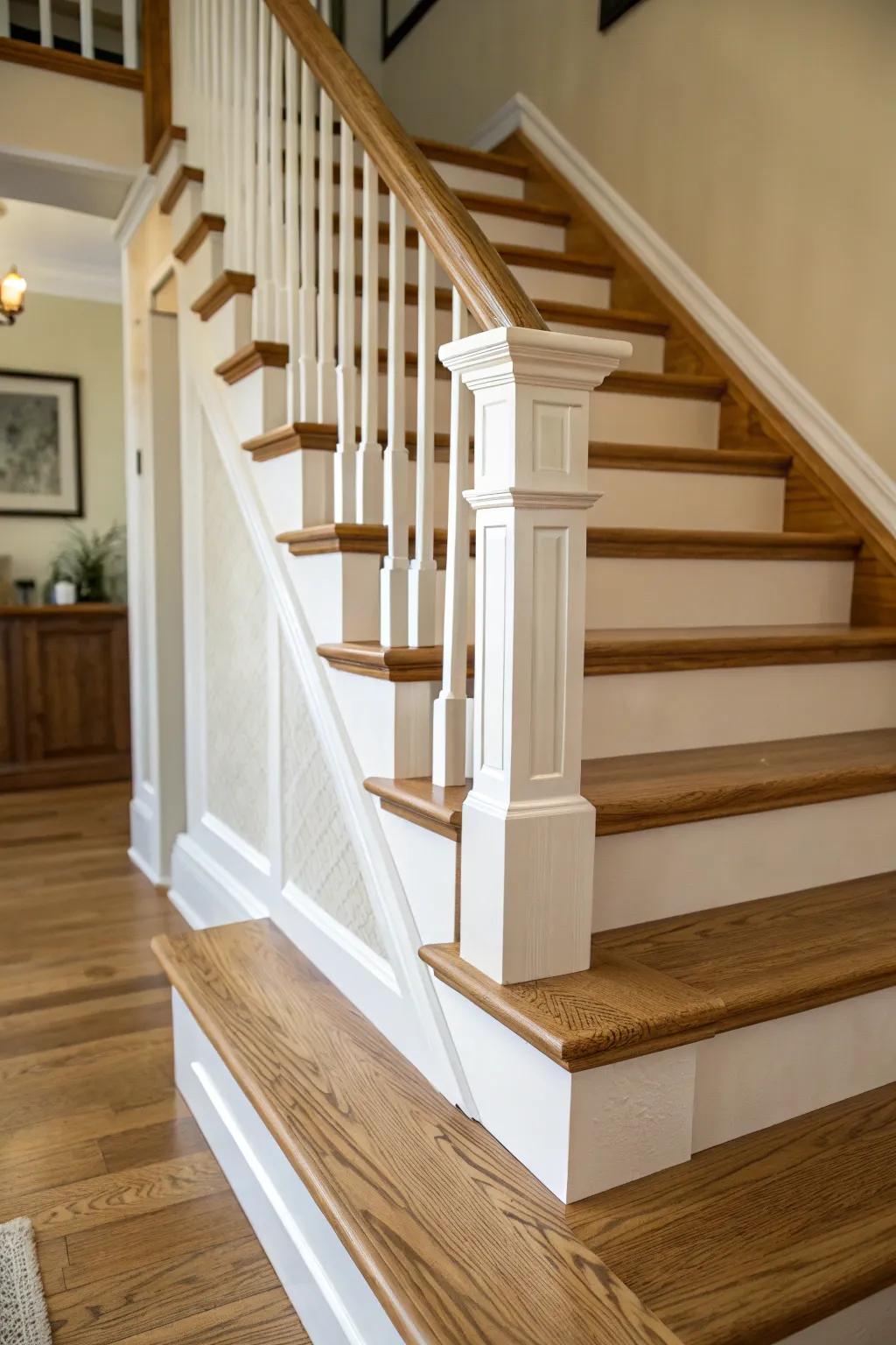 Contrasting colors breathe new life into a traditional maple staircase.