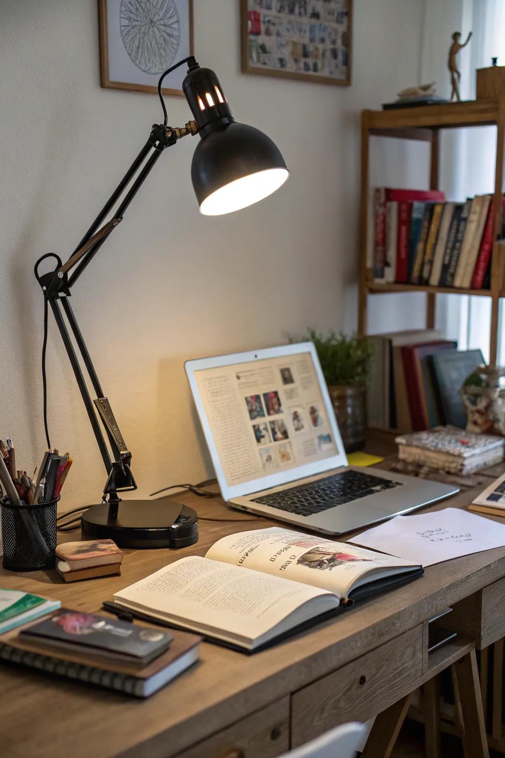 Customizable desk lights offer focused lighting for any activity.