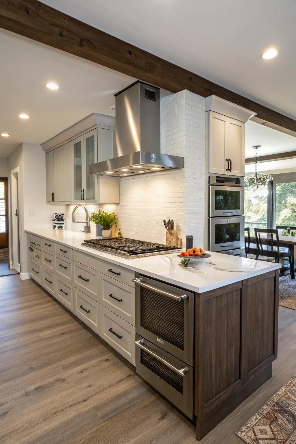 An island equipped with a range for an interactive and social cooking setting.