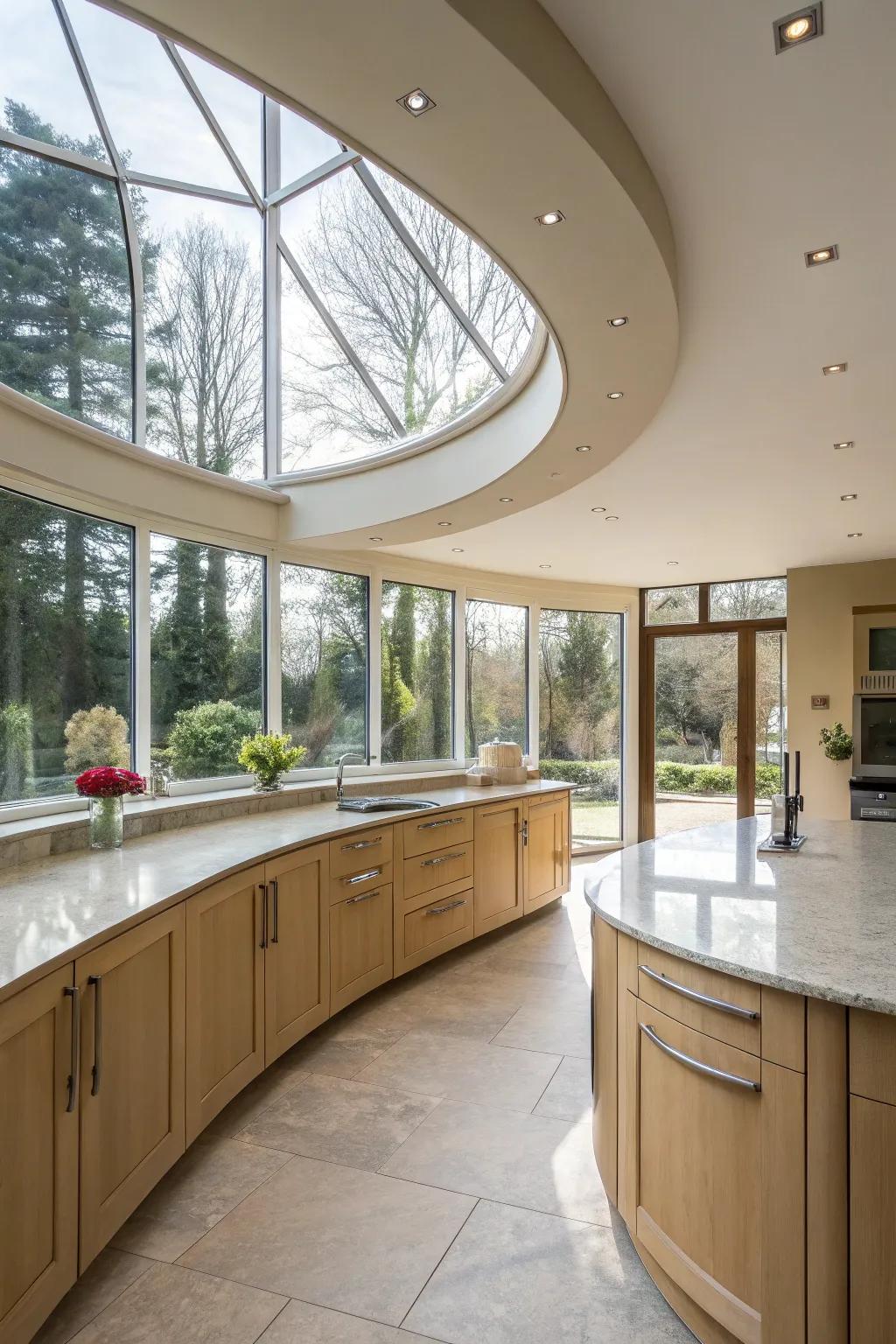 Curved elements add soft elegance to the kitchen design.