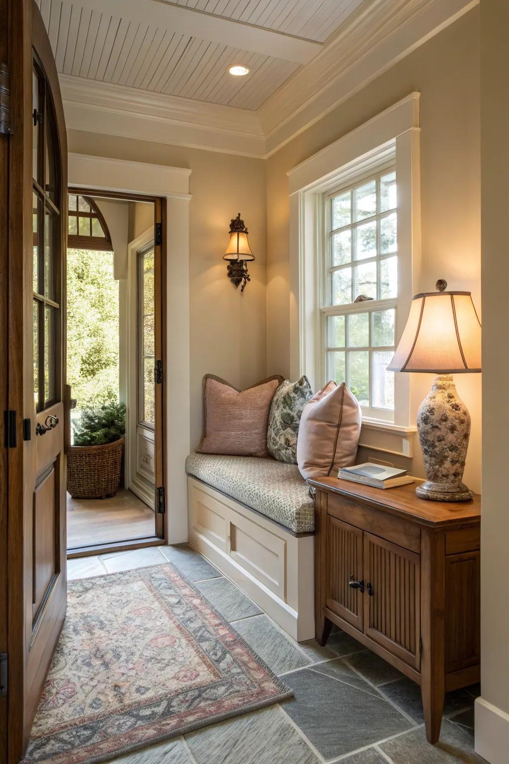 Sitting nooks in the entryway encourage relaxation and warmth.