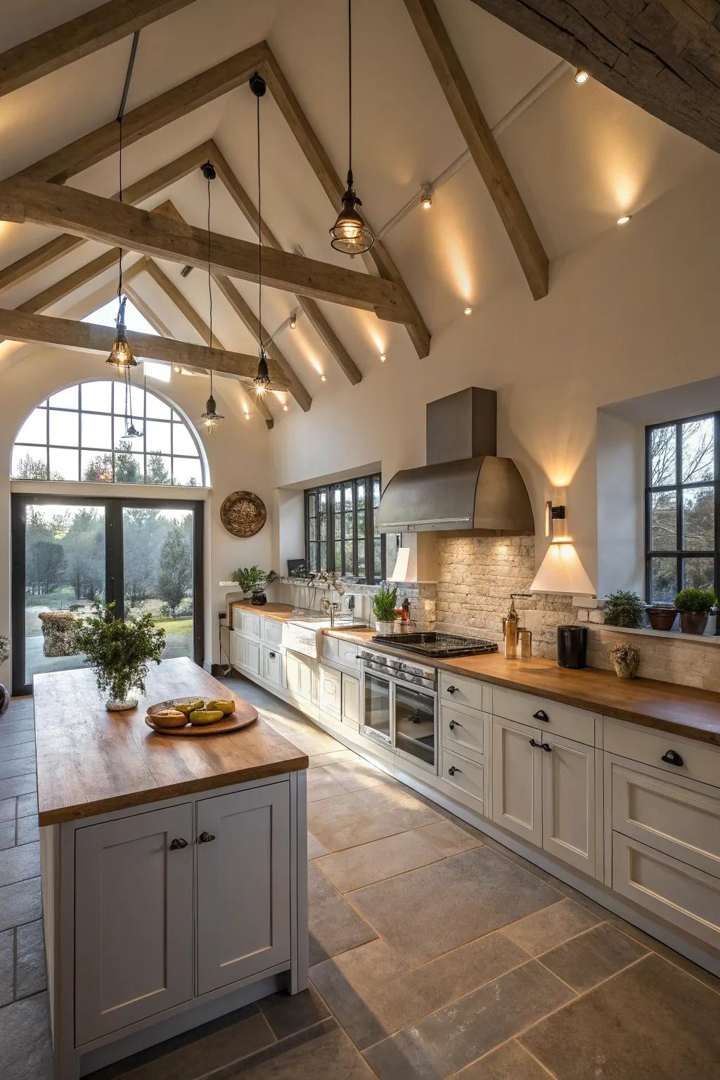 Soaring ceilings add height and majesty to the cooking space.