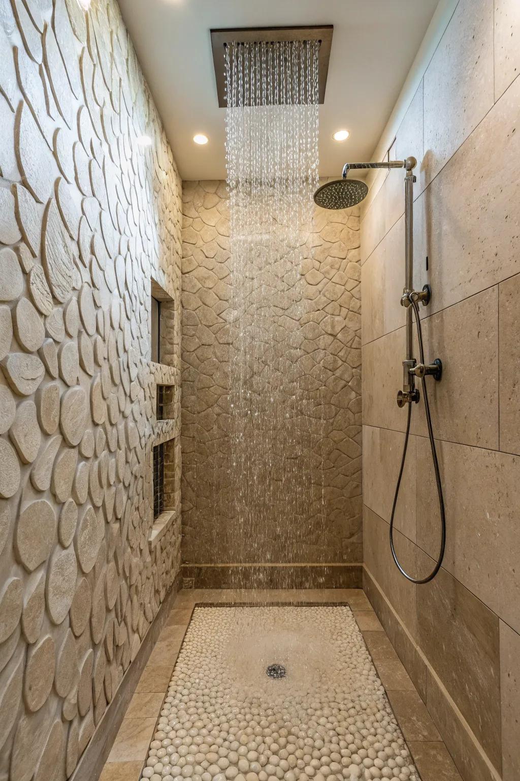 Textured walls add depth and character to your open shower.