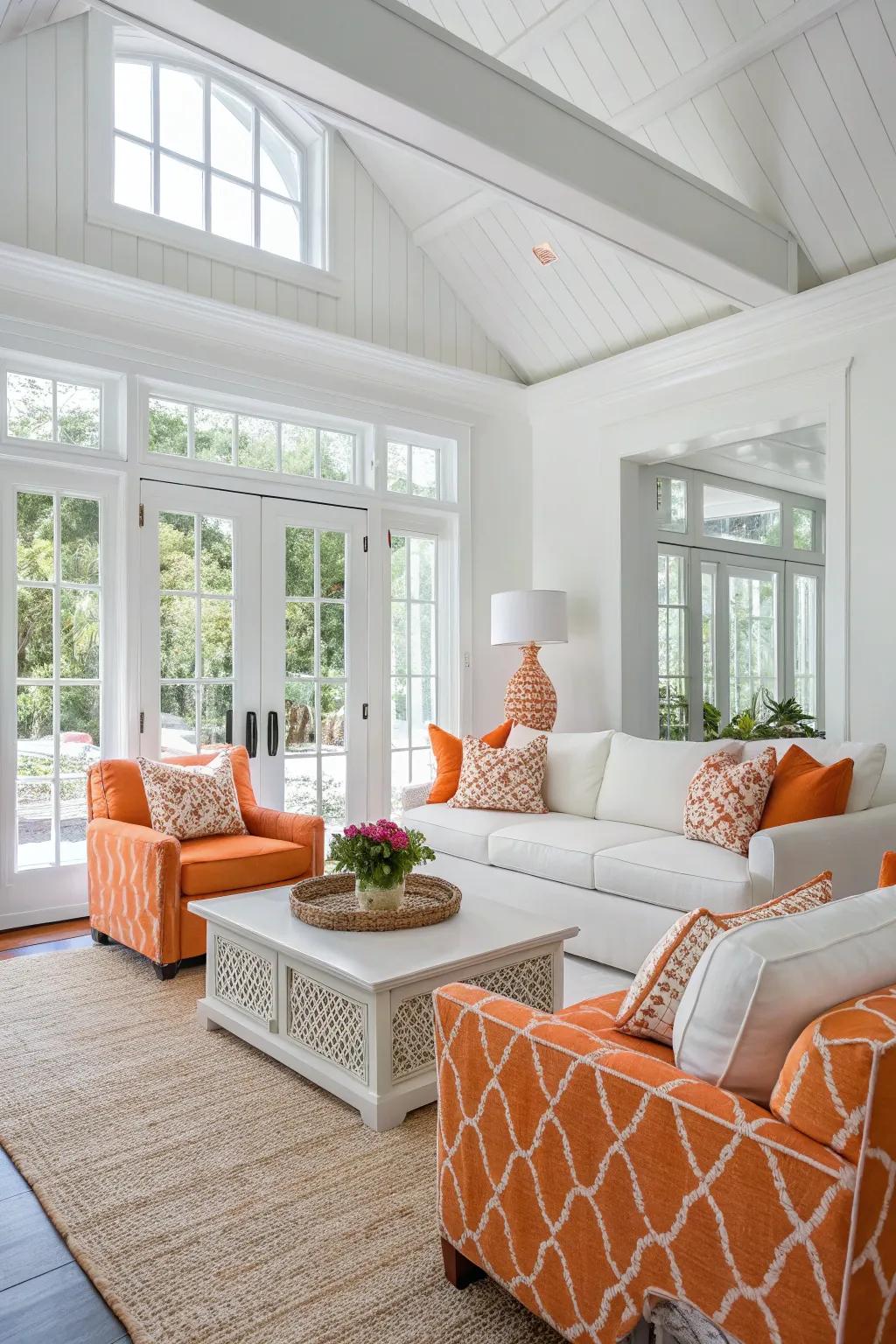 A modern and fresh living room that utilizes an orange and white scheme.