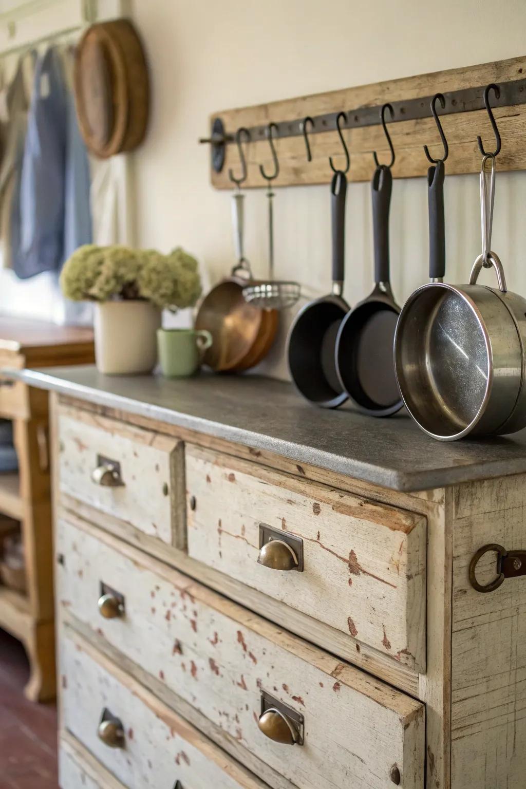 An old dresser creatively repurposed to store cookware.