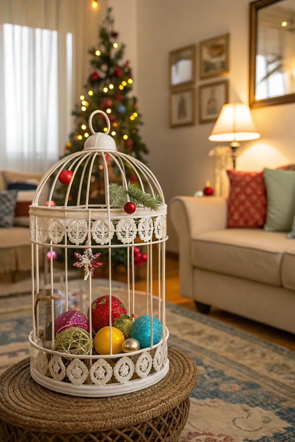 A whimsical birdcage filled with ornaments.