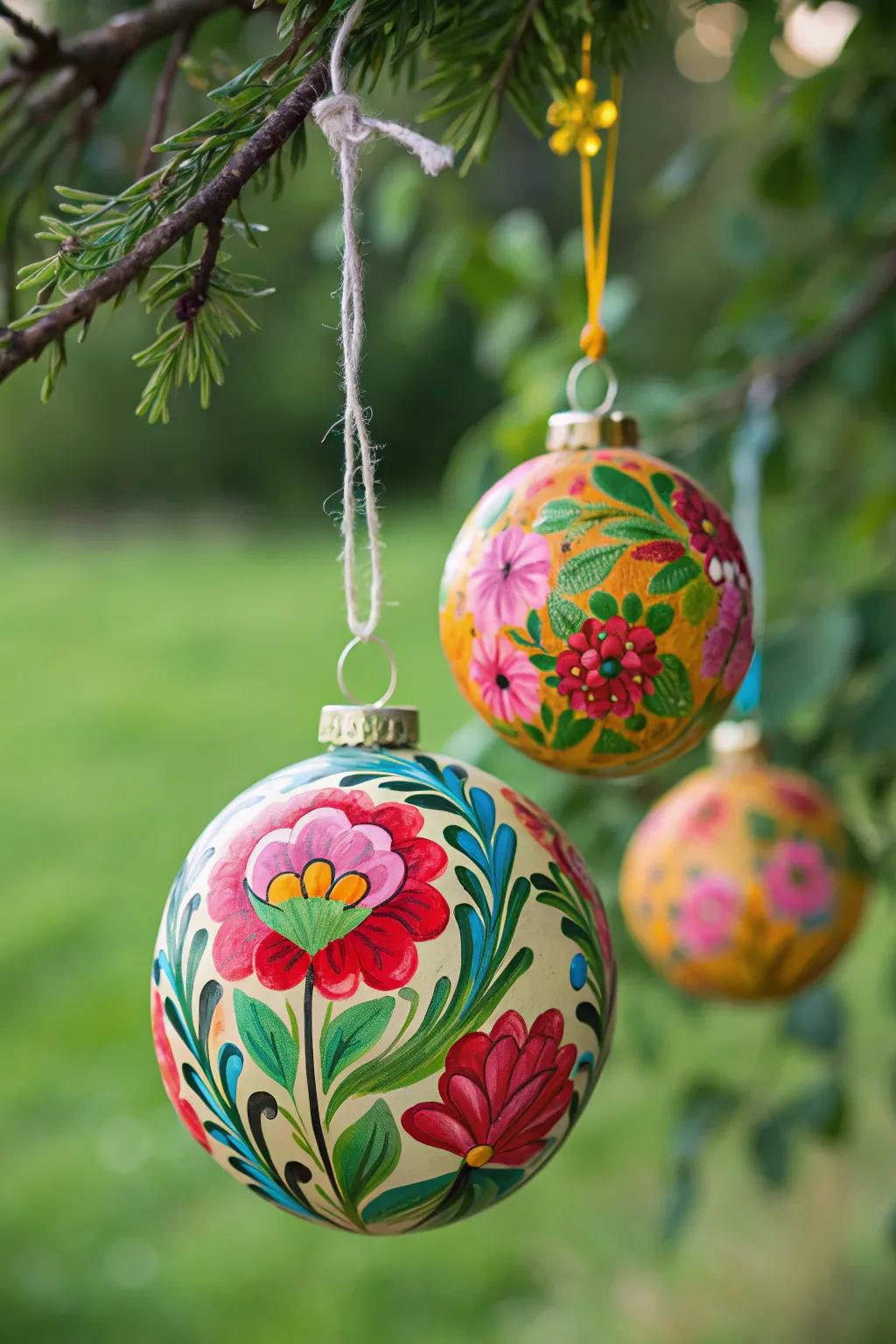 Botanical dreamscape baubles transfer a hint of spring to winter decor.
