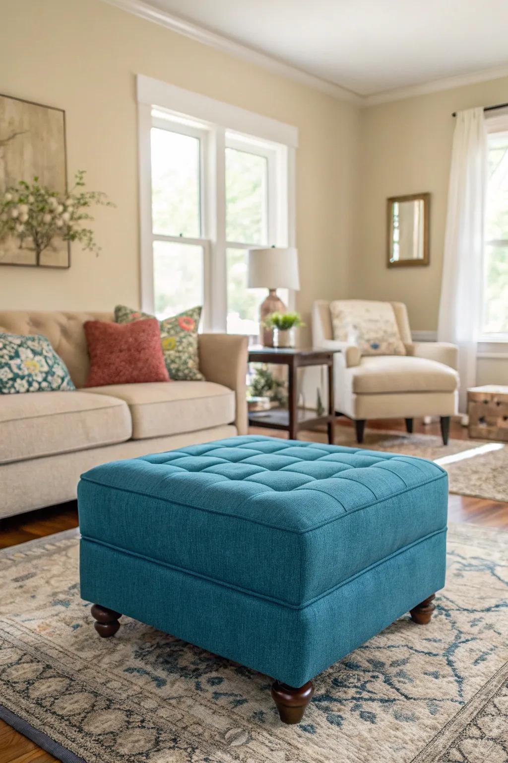A bold ottoman acts as a striking design feature in a neutral room.