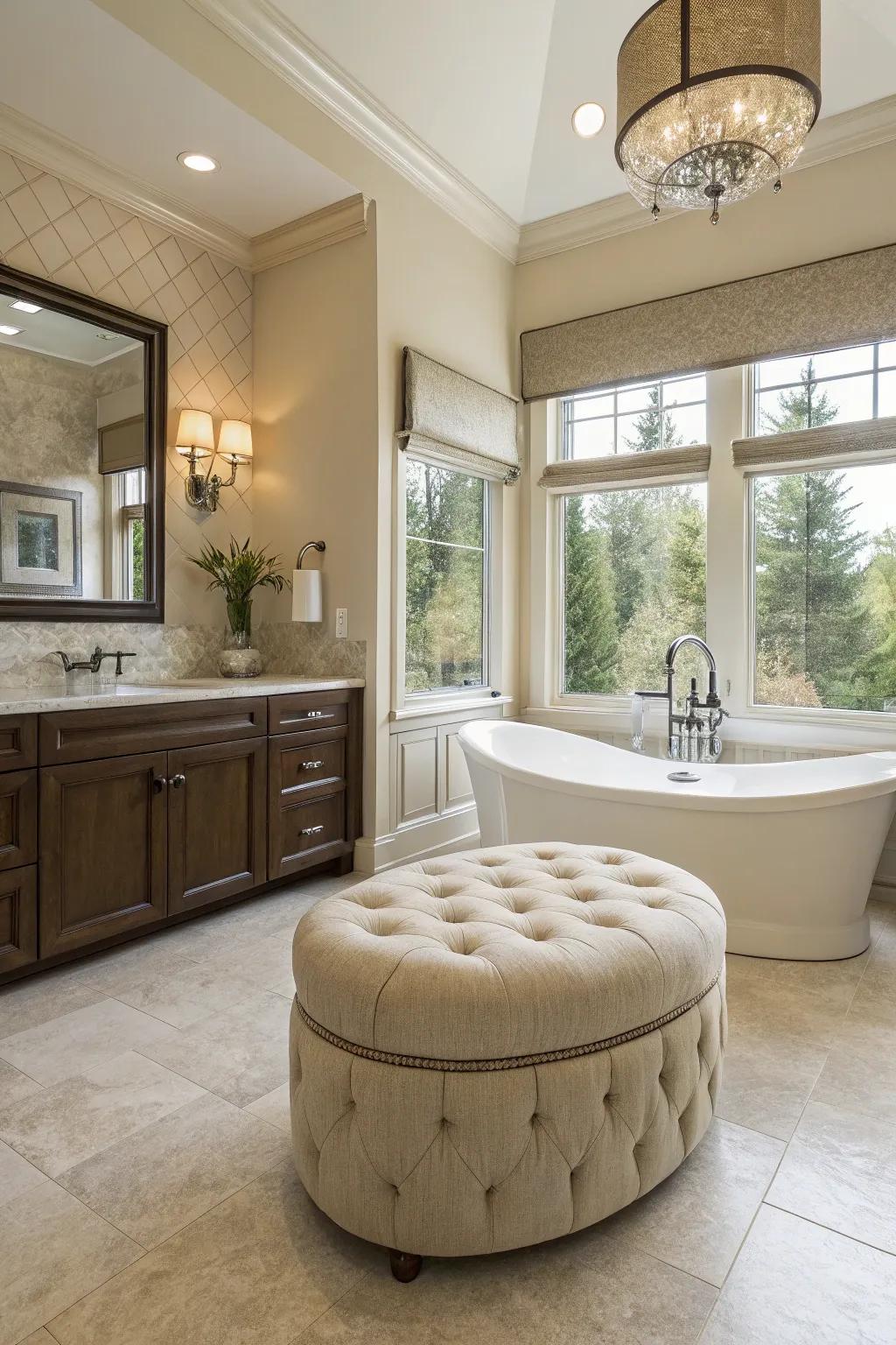 A sophisticated ottoman amplifying bathroom elegance