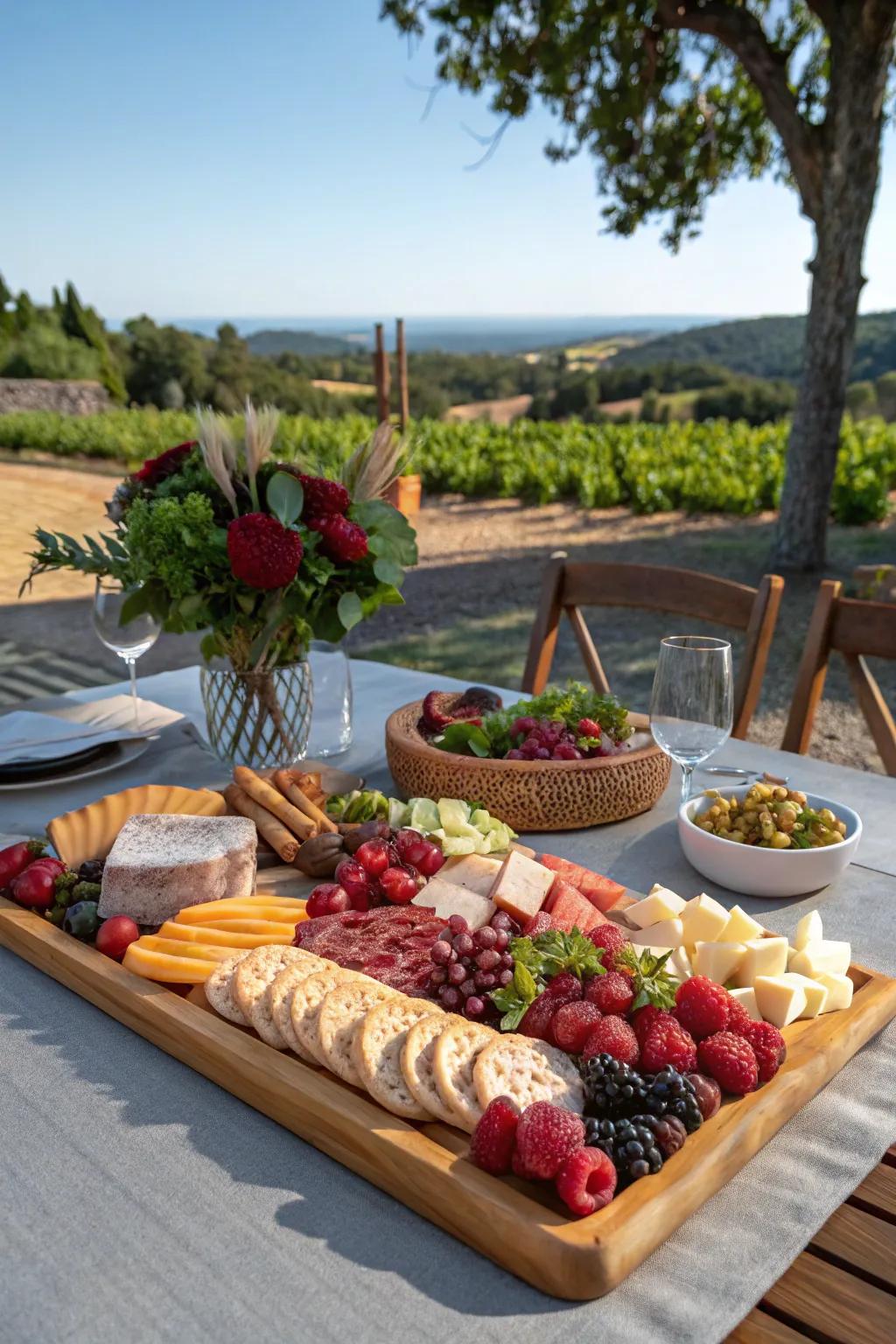 A charcuterie board focal point blends appeal and taste.